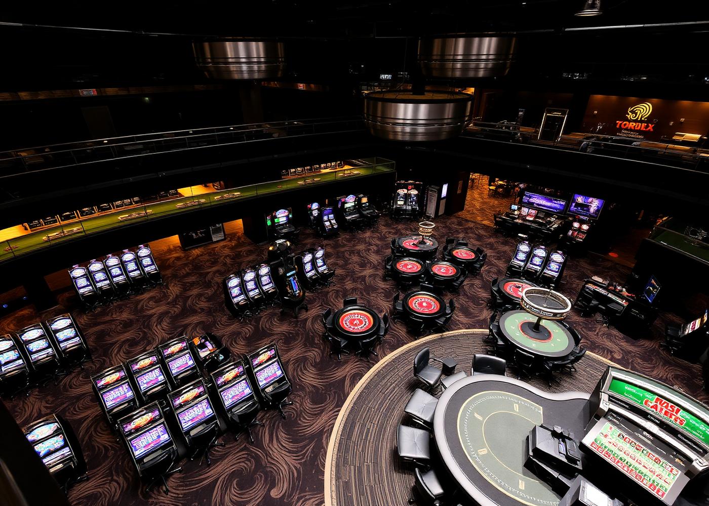 Elevated view of a casino floor showing slot banks, electronic terminals and the live table pit